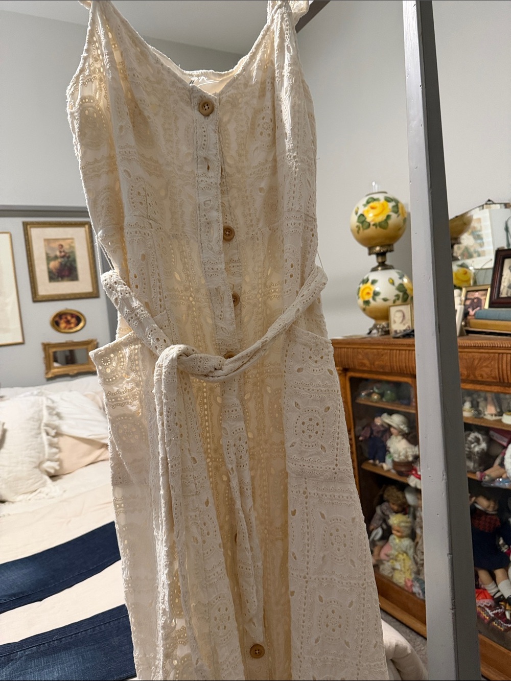 Anthropologie Cream Eyelet Lace Maxi Dress with Tie Waist